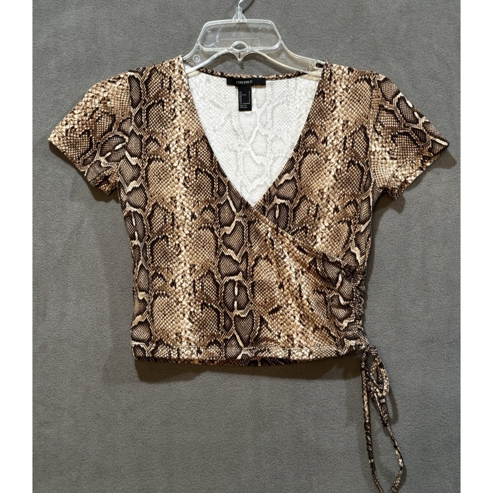 Forever 21 Womens Snakeskin Print Wrap Crop Top Brown V-Neck Side Tie Small